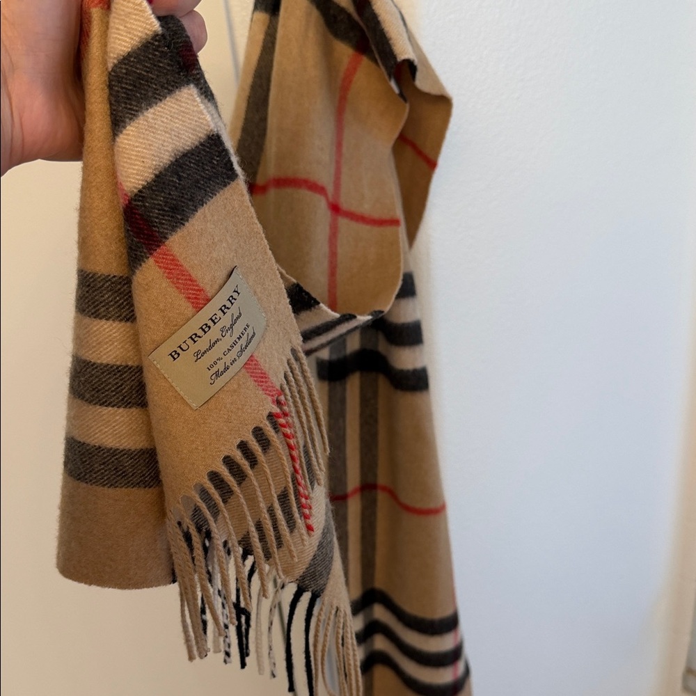 Burberry Tan Check Wool Scarf with Black and Red Stripes